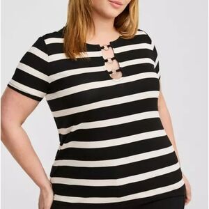 torrid Black & White Striped Short-Sleeve Top with Ring Detail